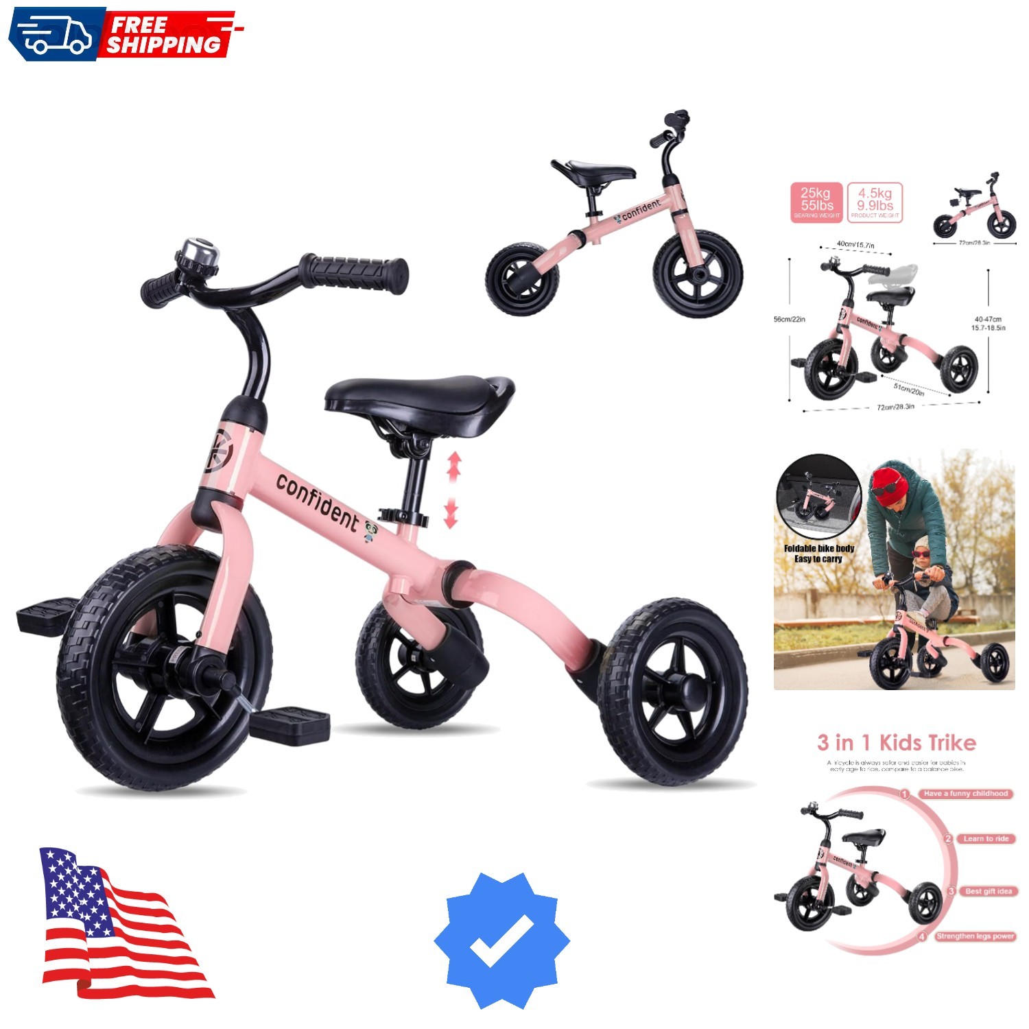 3 in 1 Tricycle for Toddlers Age 2-5  Old, Folding Kids Bala