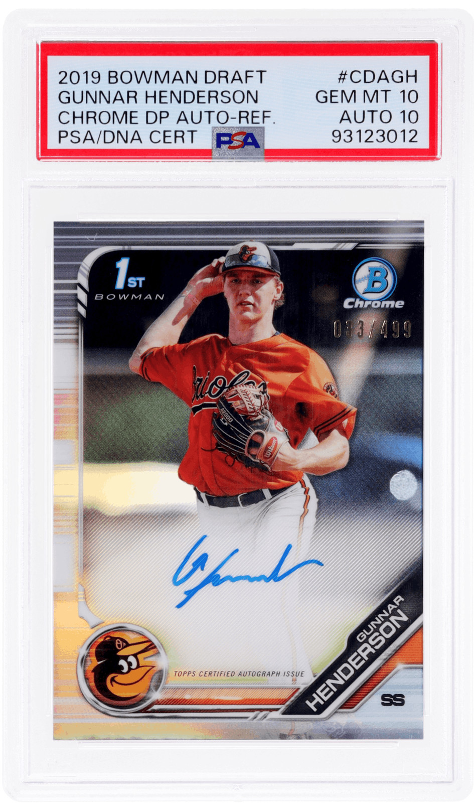 2019 Bowman Draft Gunnar Henderson Chrome Auto Refractor #CDA-GH /499 PSA 10/10