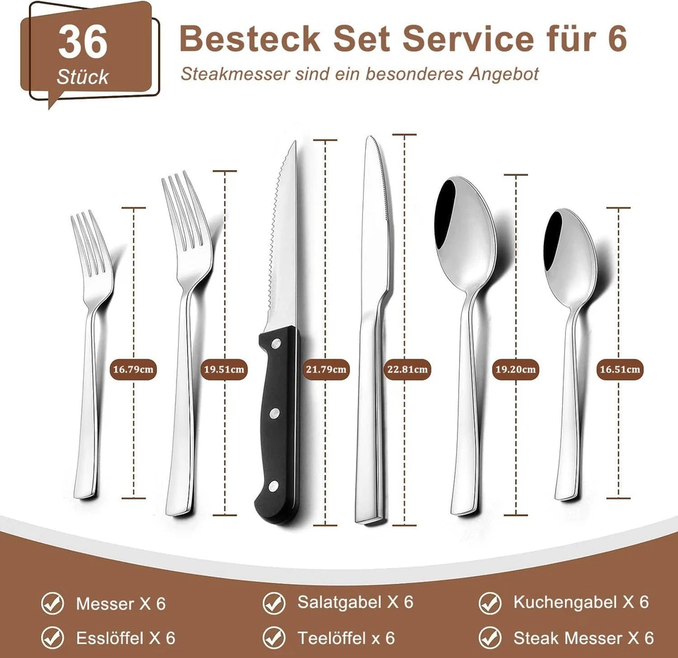 36 teiliges Edelstahl Besteckset mit Steakmesser, Besteck Set 6 Personen, Ele... - Bild 4 von 4