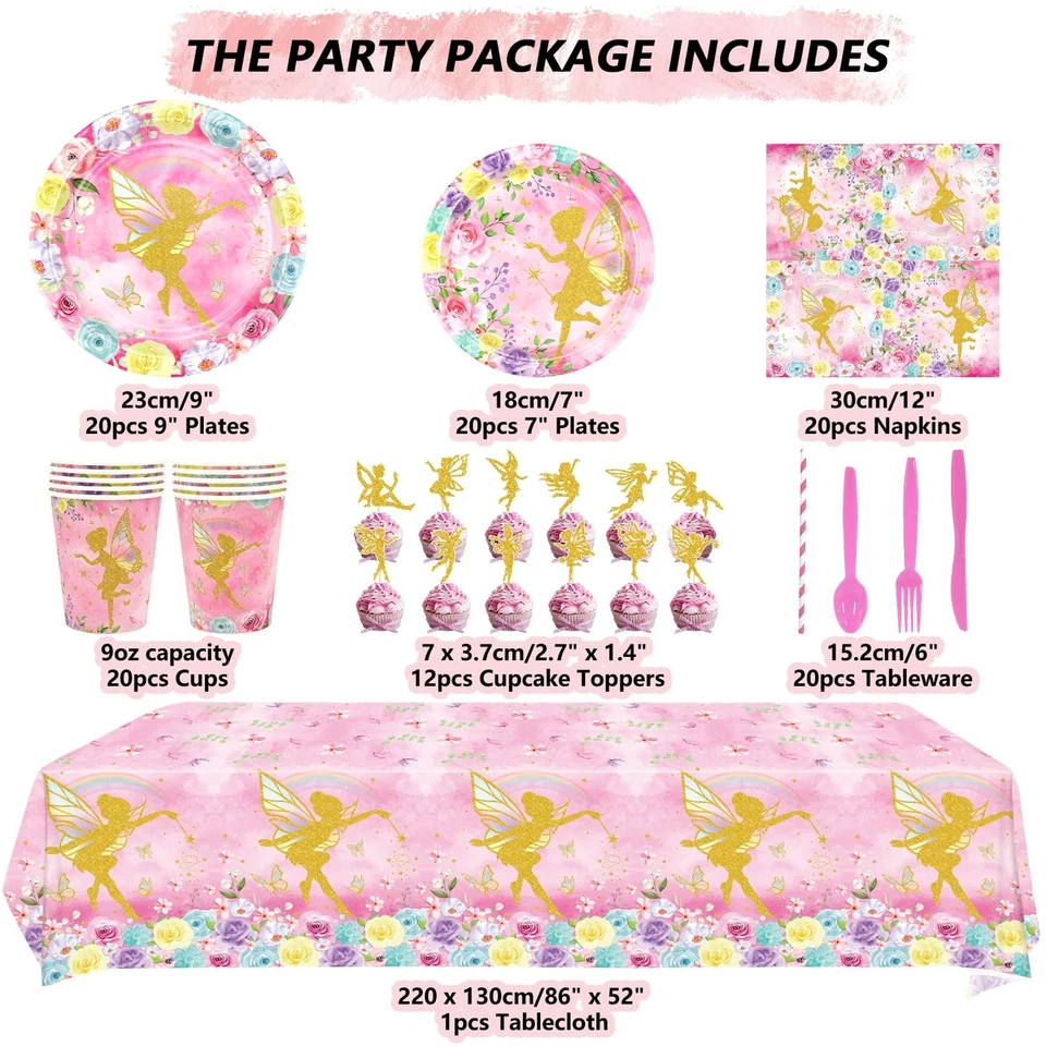 Decoración de fiesta de cumpleaños de hadas - Favores de fiesta de hadas, platos tazas servilletas pestaña... Foto 2 de 4