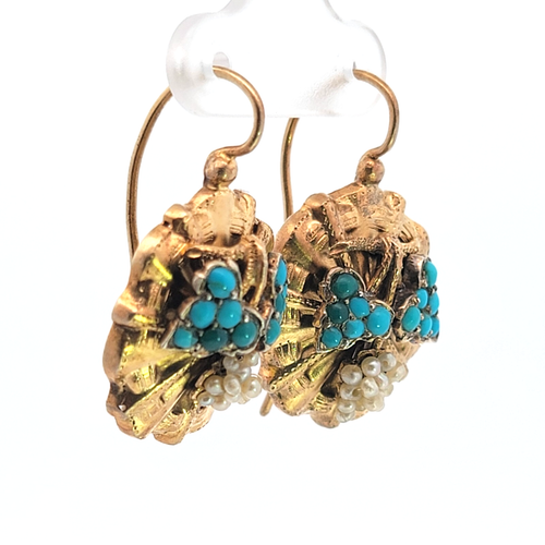 Antique Victorian 18K Gold Turquoise & Pears Dangle Shield Shape Earrings - Picture 5 of 7