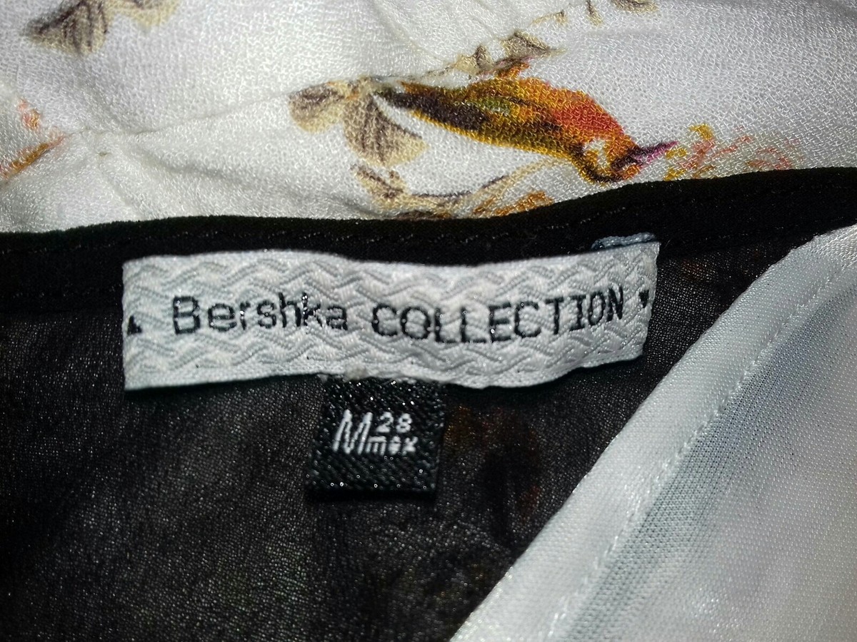 BERSHKA SIZE CREAM FLORAL BIRD PRINT FIT N FLARE SHORT BUTTON