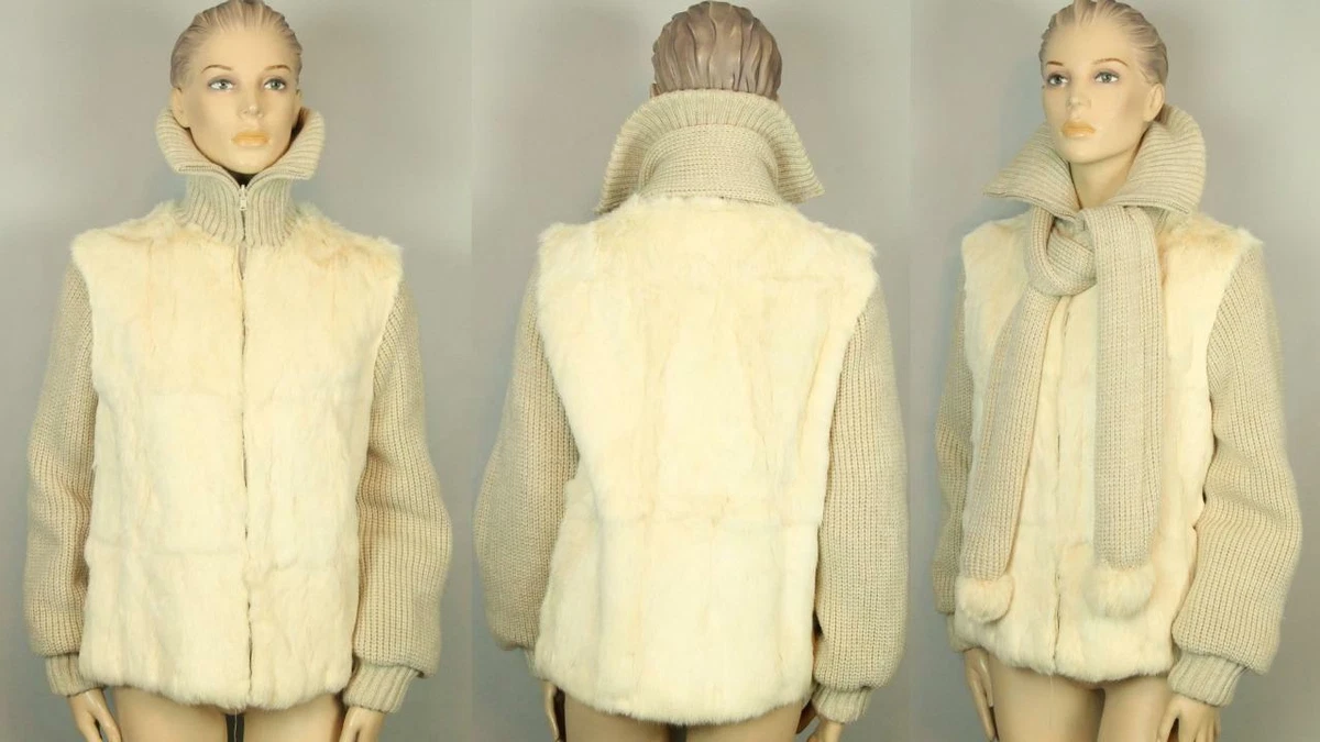 Vtg MAUDE Dyed Genuine Rabbit Fur w Knit Sleeves Cropped Coat Jacket Shawl