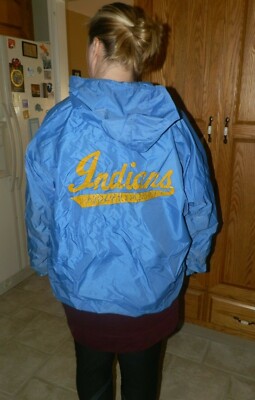 Vintage Light Blue Nylon Felco Windbreaker with Hood and Lined-Indians logo