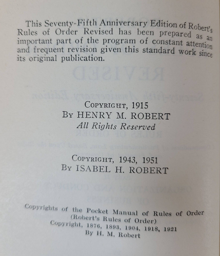Roberts Rules of Order Revised 75th Anniversary Edition 1951 Parliament Law Book - Foto 7 di 9