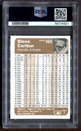 1983 STEVE CARLTON #155 FLEER PSA 6 EX MINT PHILLIES (HOF) *SHIPS FREE / POP 7 - Picture 2 of 2