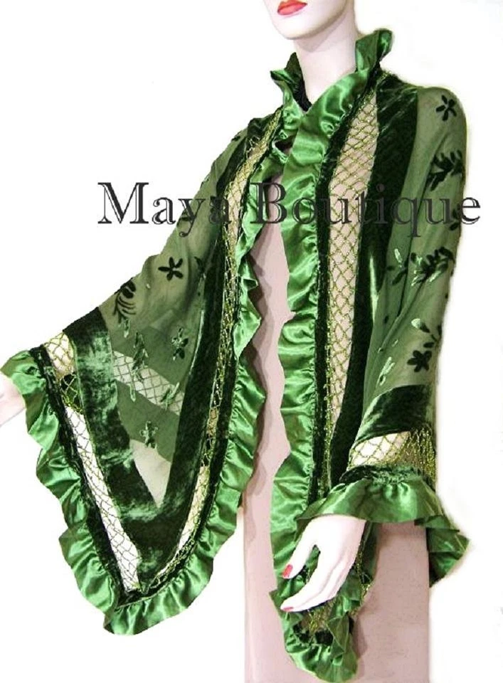 Mantón de seda envolvente con cuentas Burnout terciopelo verde triángulo volantes satinados Maya Matazaro Foto 2 de 4