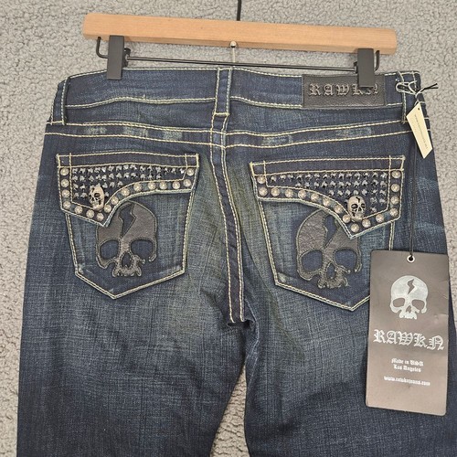 RAWKN Jeans 29 Skinny Studded Skull Flap Pockets Y2K Punk Grunge Retro Metal