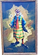 Vintage Mid 20C Original Large Oil On Board Portrait Of a Clown Signed G. Moyo!