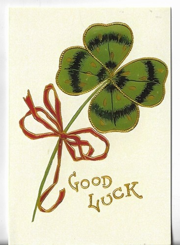 Vtg REPRO St Patrick's Card 3.5x5 Good Luck! Large 4 Leaf Clover w/Red Ribbon