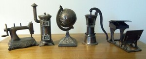 5 Metal Pencil Sharpeners: WORLD GLOBE School Desk STOVE Pump SEWING MACHINE