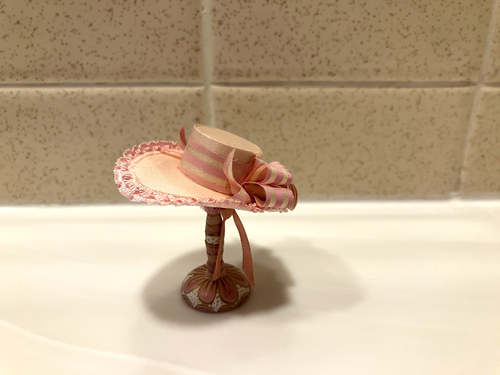 Dollhouse Miniature Handmade Pink Hat with Pink & Silver Ribbon & Hat Stand 1:12