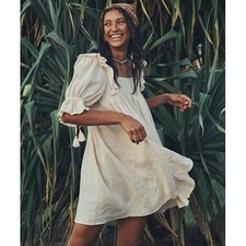 Spell & The Gypsy Mae Linen Mini Dress Women Medium Meringue Ruffle Tassel NEW