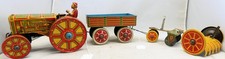 Marx Tin 1920s Wind-Up Tractor and 3 Farm Towable Tools Set Non-Function Motor
