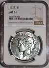 NGC MS-61 1927-P Silver Peace Dollar, Cartwheeling, Blast-White specimen.
