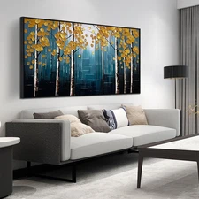 Tree Hand Painted Wall Art for Living Room - Blue and Gold Canvas Wall Art fo...
