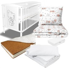 Babybett Gitterbett Wei&szlig; + Kokosmatratze 9,5cm + 5tlg Bettw&auml;sche 30 Farben
