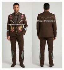 Men Brown 2Pc Customized White Piping Floral Embroidered Vintage Style Cowboy
