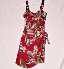 Vintage Red Wrap Mini Dress Midcentury Tropical Leaves Paradise Found Hawaii