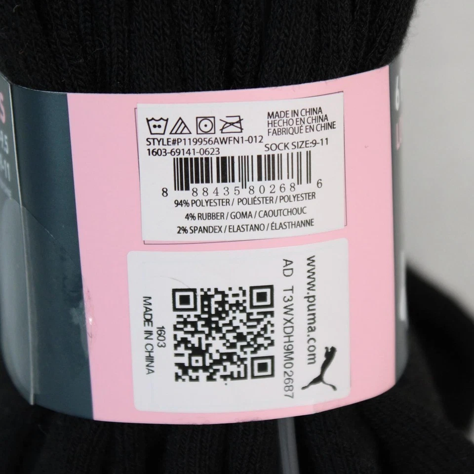 Puma Feminino 6 Pares Meias Low Crew Sapato Preto Tamanho 5-9 Sapato Tamanho 9-11 - Imagem 3 de 3