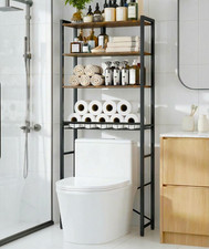 4-Tier Over-The-Toilet Storage Rack with One-Piece Wooden Shelves & Open Net Bas