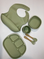 6PCS Baby Suction Bowl Plates Bamboo Spoon Fork Silicone Water Cup Toddler Bib