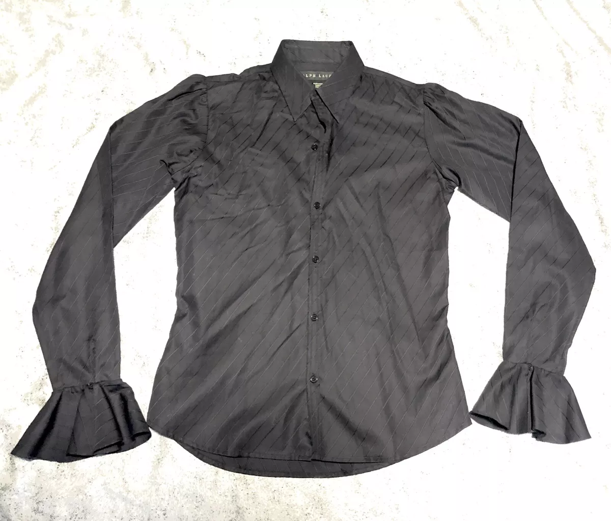 RALPH LAUREN BLACK LABEL Button Dress Shirt Sz 4 Top Puff Sleeve Ruffle Blouse