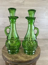 Vintage Tall Wheaton Green Glass Cruet Bullseye with Stopper 8” Set of 2 - EUC!