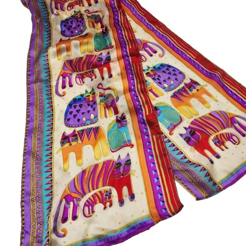 VTG Laurel Burch 100% Silk Rainbow Cat Feline 50x10" Scarf Long Sheer - Picture 3 of 6