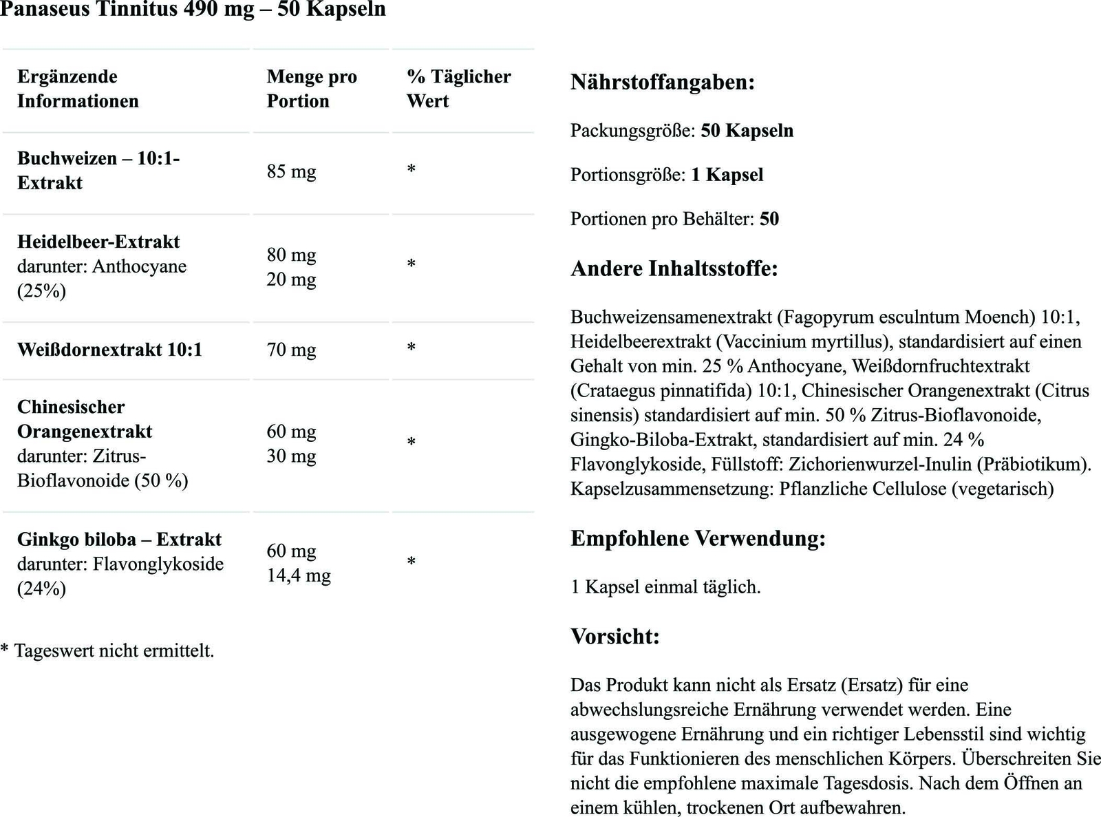 Complément Alimentaire Panaseus Tinnitus 490 Mg - Boîte De 50 Capsules - Marque Yango - Neuf