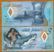 Cook Islands, $3, 2021, Naked Ina & a shark,  P-New, Polymer AA-Prefix, Gem UNC