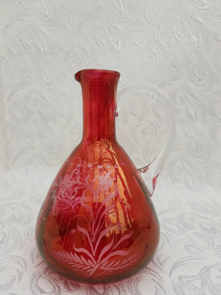 Bohemian 19c red cut to clear engraved glass cruet jug - Image 3 of 4
