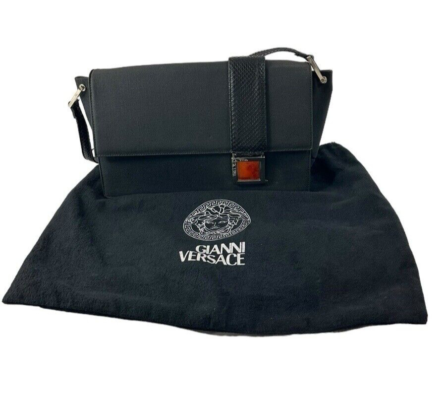 Vintage GIANNI VERSACE black canvas shoulder bag snake trim with duster image 5