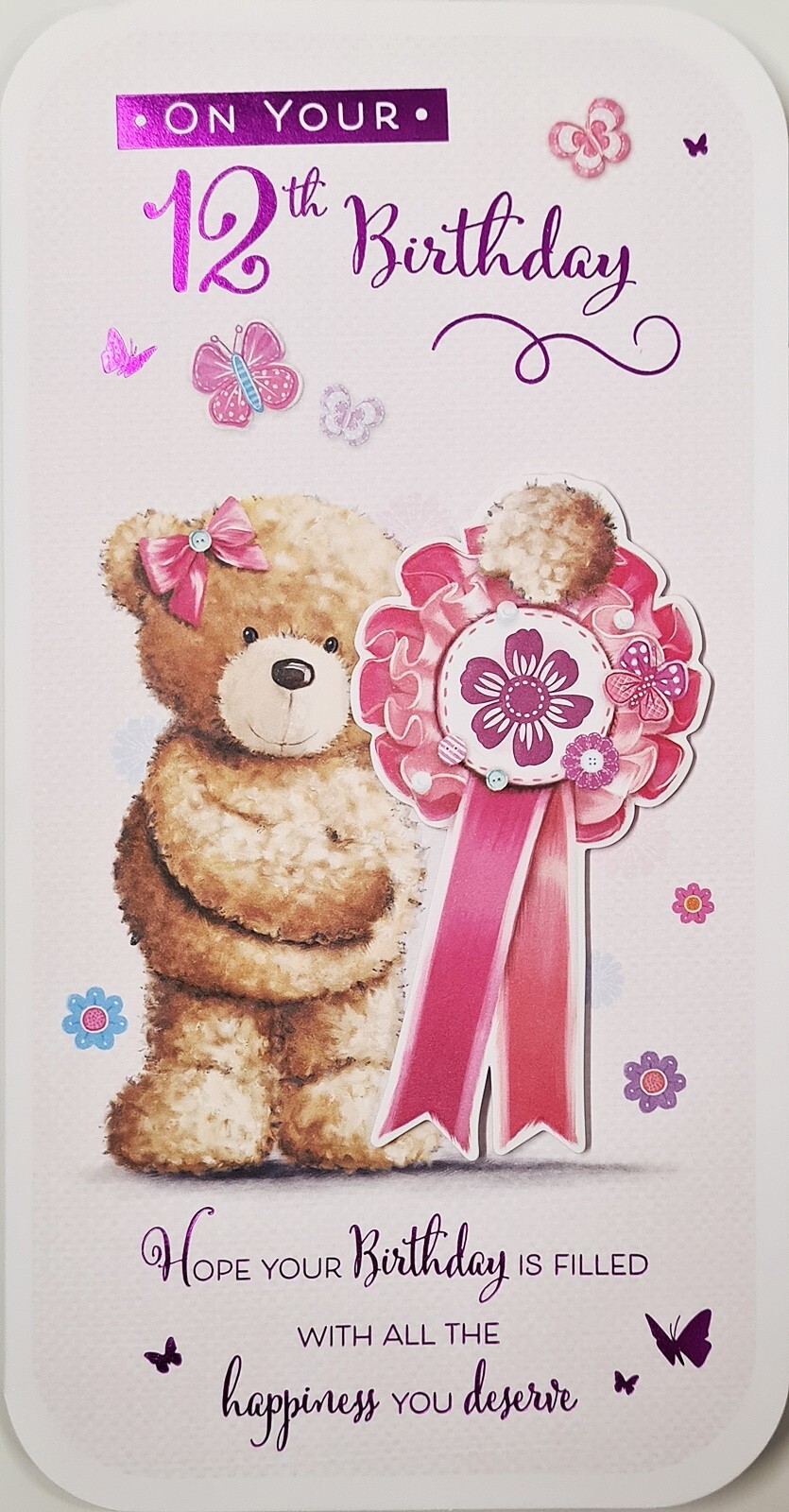 Happy Birthday Card - 12th Twelve 12 Today - Cute Bear with Rosette Pink Foil