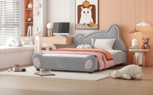 Gray Full Size Velvet Platform Bed with Bear-Shaped Headboard, Bed-End Pocket - Picture 3 of 12