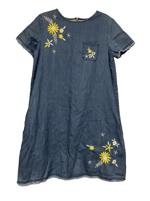 Boden Denim Dress Youth 15-16 Embroidered Detail Midi Length Pockets Bohohemian