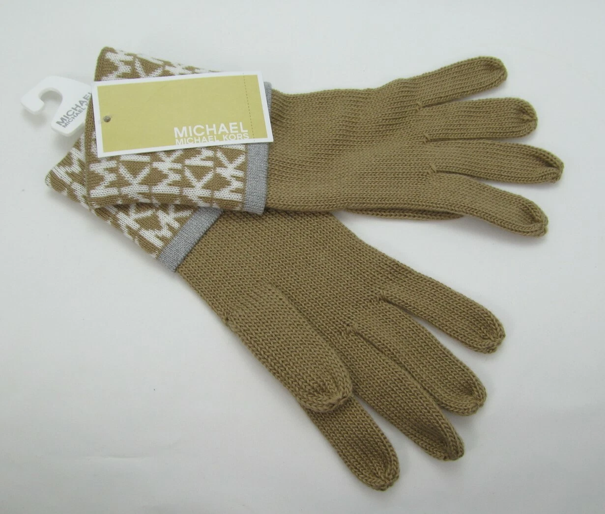 Michael Kors Acrylic Gloves Tan w/White & Tan Fold-over Logo Cuffs One Size