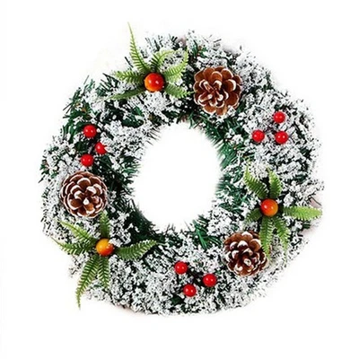NEW-YIJUNSHUN 40CM Christmas Snow Pinecone Berry Wreath Front Door Garland Xmas Outdoor Decor