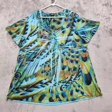 Vintage Style&Co Top Womens 3X Blue Black Peacock Print Pullover Ruched Front
