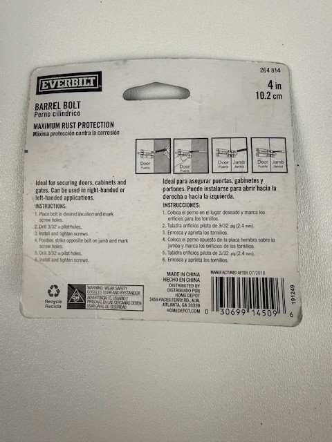 Everbilt 4 in. Stainless Steel Barrel Bolt Latch Gate & Door w/ Screw - NEW