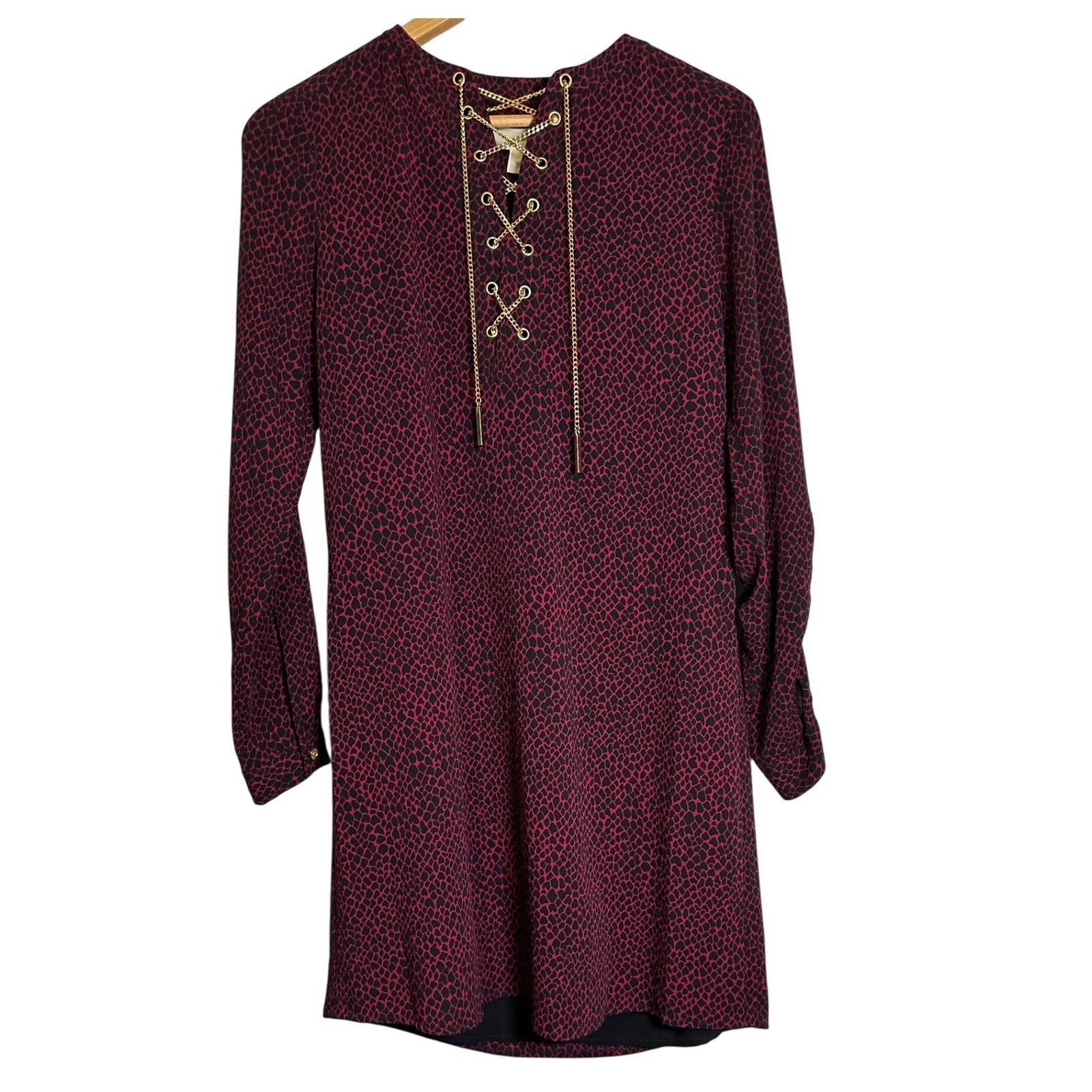 NWT MICHAEL KORS Women's Burgundy S Animal Print Lace Up Chain Dress