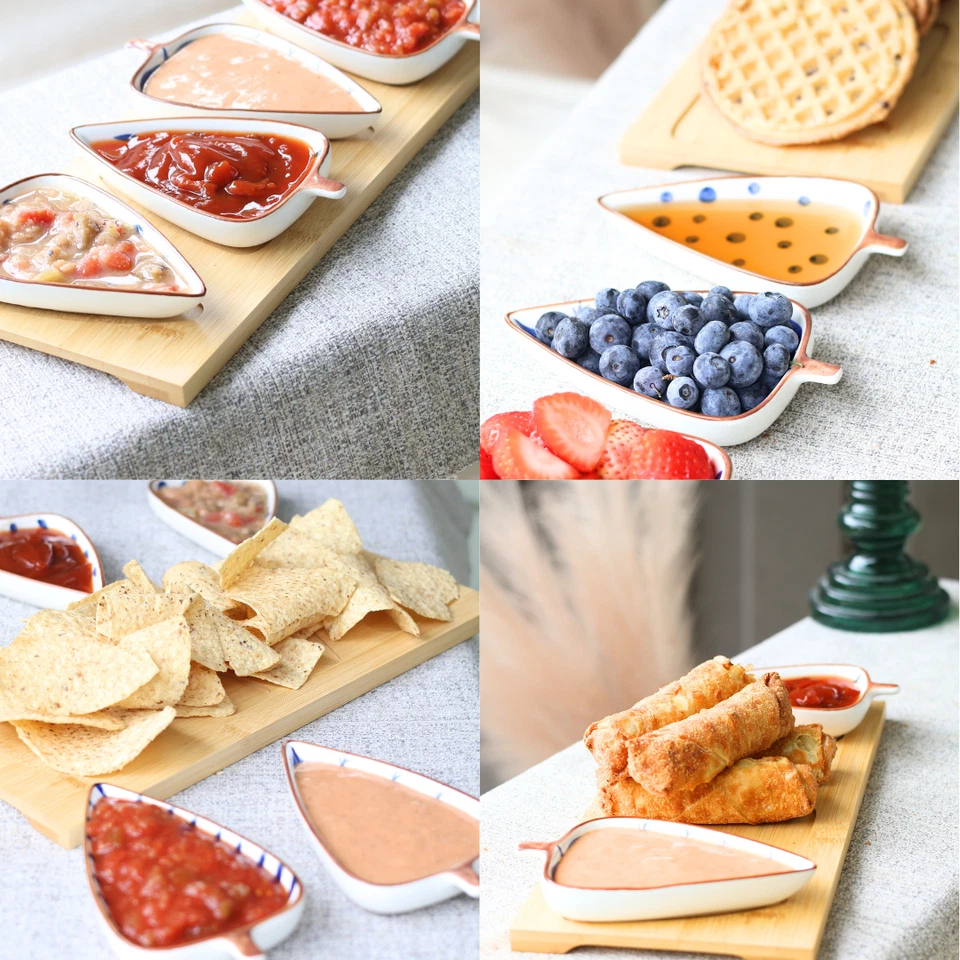 5-Pcs Appetizer Set 13" Bamboo Tray Condiment Bowls Serving Platter Snack Tray - Image 2 of 4