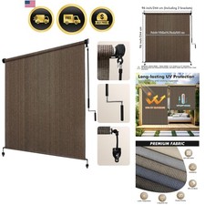 Outdoor Roller Shade 8' W x 8' H, Mocha Exterior Cordless Patio Shades Roll U...
