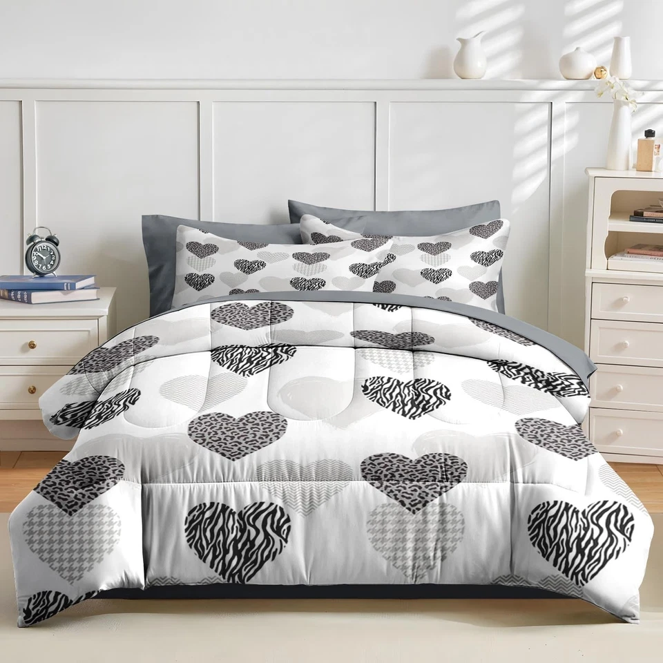 Juego de edredón de 5 piezas tamaño doble, gris blanco lindo corazón juego de cama para niños y... Foto 2 de 4