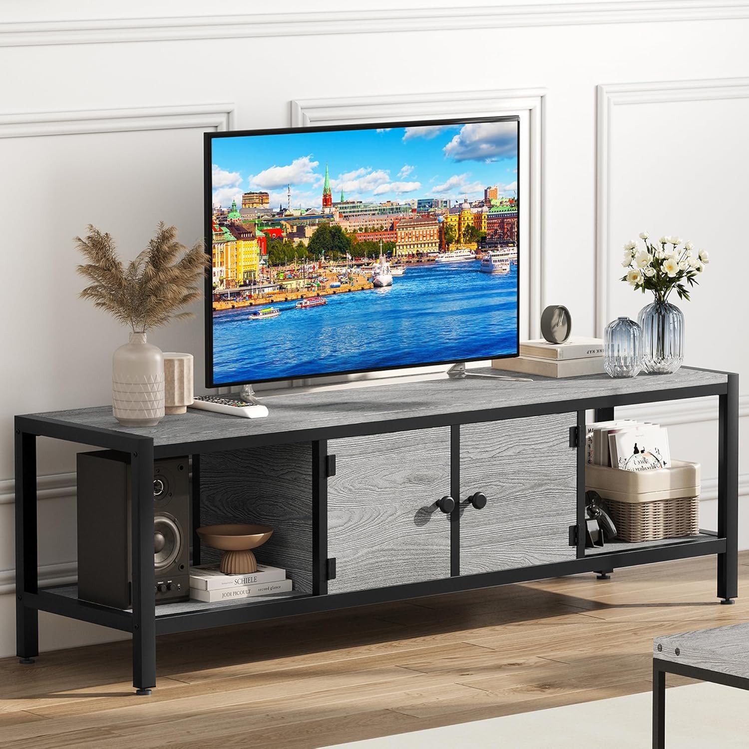 Farmhouse TV Stand for Television to 75'' Entertainment Center W/ Storage Modern