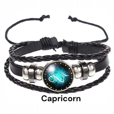 Capricorn Zodiac Bracelet Multilayer Black Leather Braided Wrap Adjustable Glow