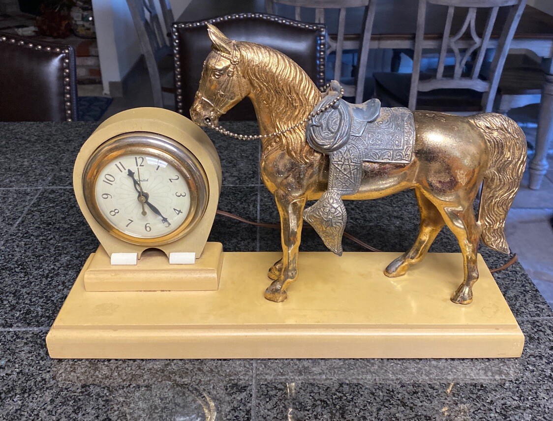 Vintage United Western Brass Horse Mantle Clock Wood Base Removable