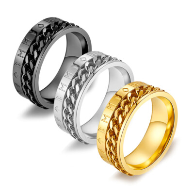 0Viking Runes Chain Spinner Ring Stainless Steel Fashion Wedding Band Punk Ring