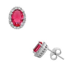 .925 Sterling Silver Oval Pink White Crystals CZ Stud Earrings