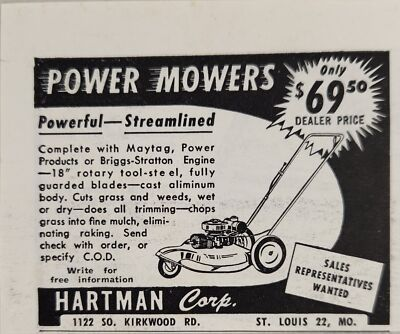 #ad 1950 Print Ad Hartman Power Lawn Mowers Made in St LouisMissouri $7.77
